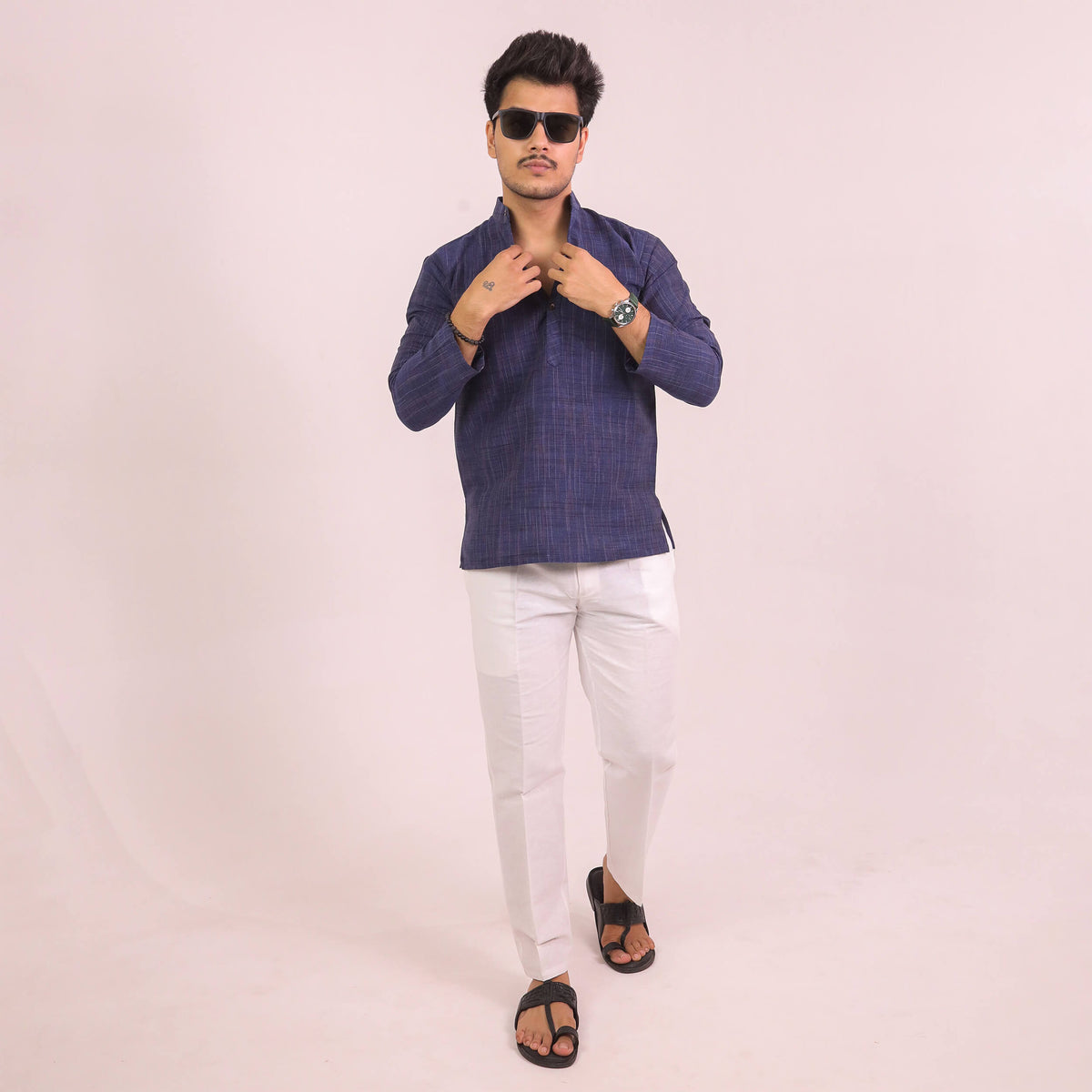 Blue Dark Jharna Full Sleeves Kurta Pant Combo Set