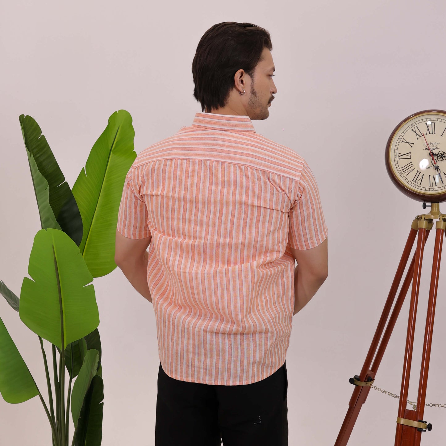 Orange-White Stripped Cotton Half Sleeves Shirt with Black Pant Combo Set