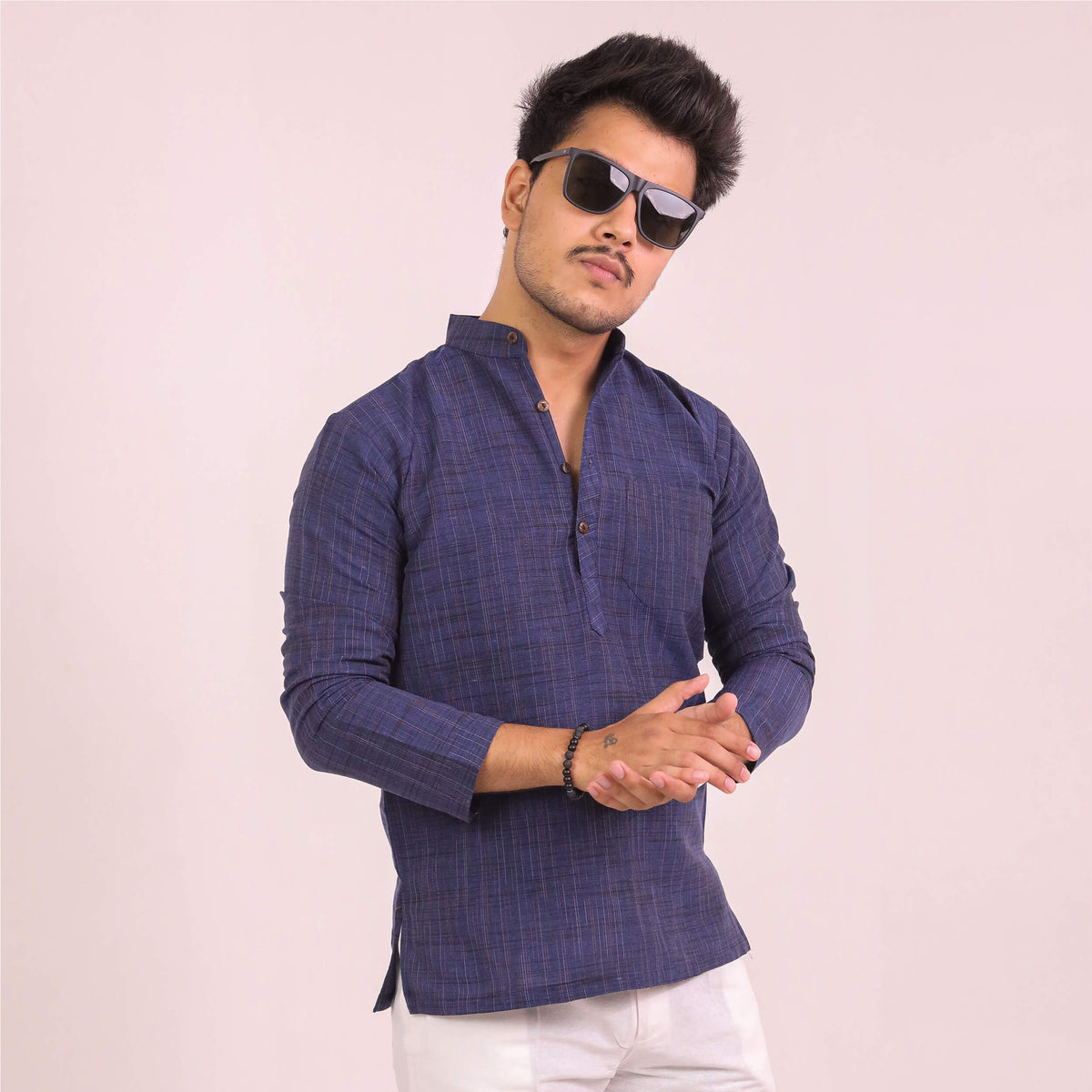 Blue Dark Jharna Full Sleeves Kurta Pant Combo Set