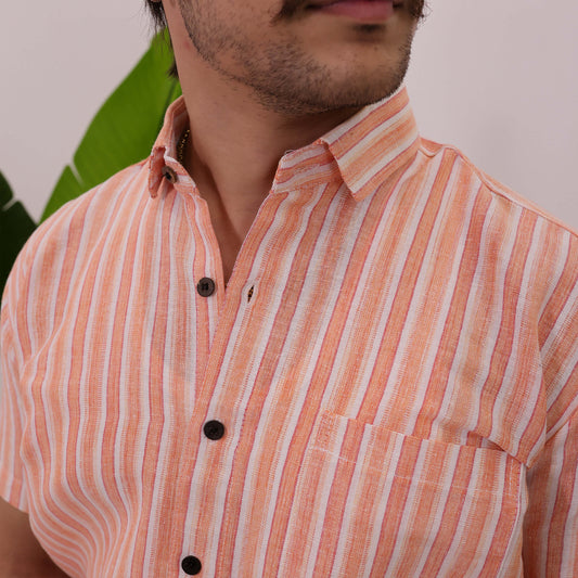 Orange-White Stripped Cotton Shirt for Men | Half Sleeves