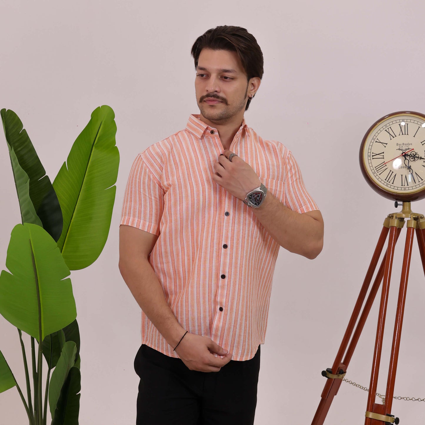 Orange-White Stripped Cotton Half Sleeves Shirt with Black Pant Combo Set