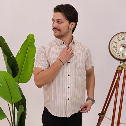 Beige-White Stripped Cotton Half Sleeves Shirt with Black Pant Combo Set