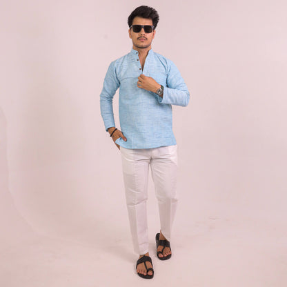 Sky Blue Plain Jharna Full Sleeves Kurta Pant Combo Set