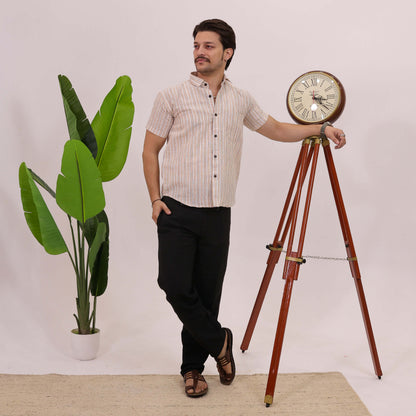 Beige-White Stripped Cotton Half Sleeves Shirt with Black Pant Combo Set