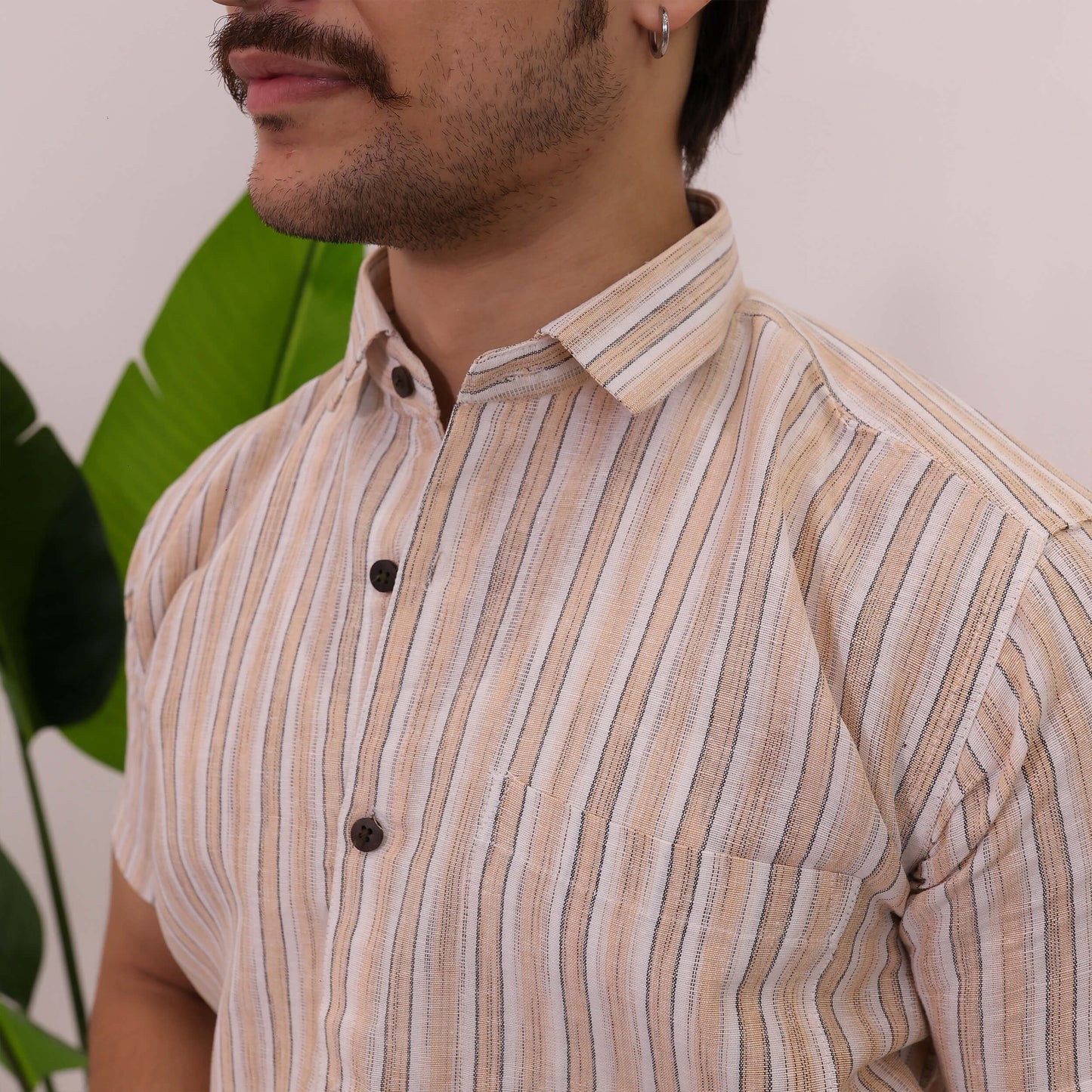 Beige-White Stripped Cotton Half Sleeves Shirt with Black Pant Combo Set