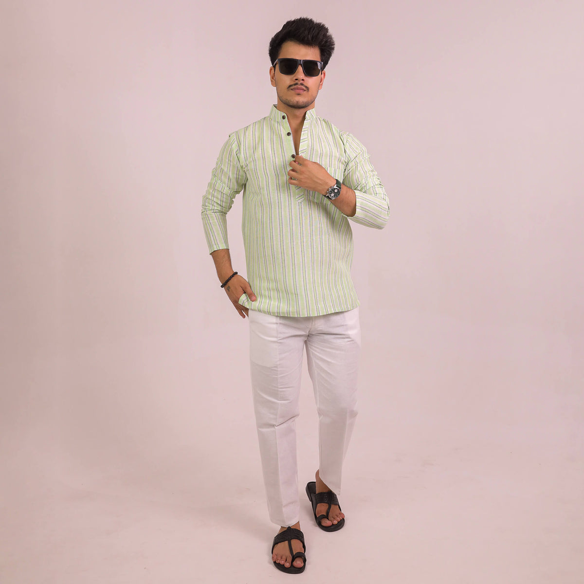 Green-White Striped Full Sleeves Kurta Pant Combo Set