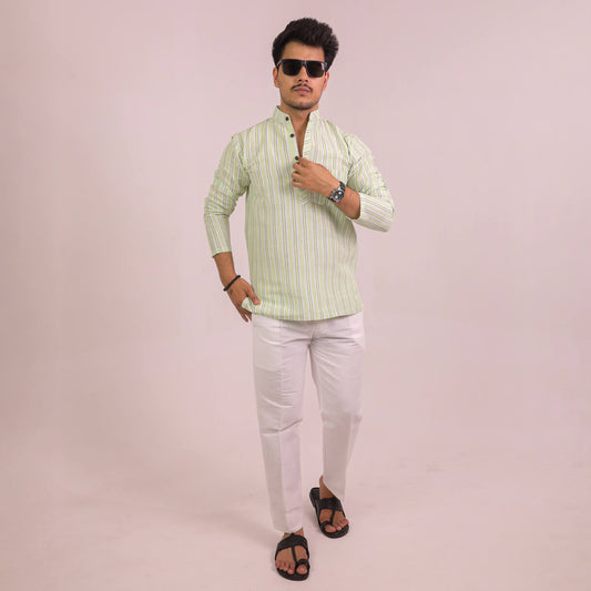 Green-White Striped Full Sleeves Kurta Pant Combo Set