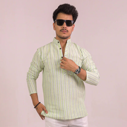Green White Striped Full Sleeves Short Kurta