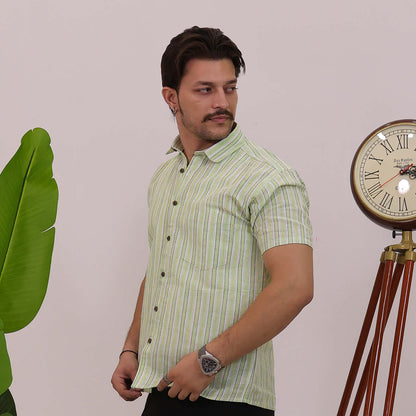 Green-White Stripped Cotton Half Sleeves Shirt with Black Pant Combo Set