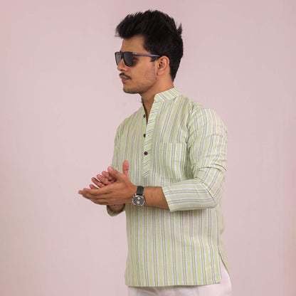 Green-White Striped Full Sleeves Kurta Pant Combo Set