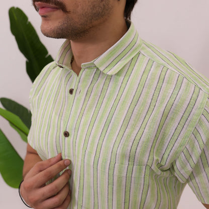 Green-White Stripped Cotton Half Sleeves Shirt with Black Pant Combo Set