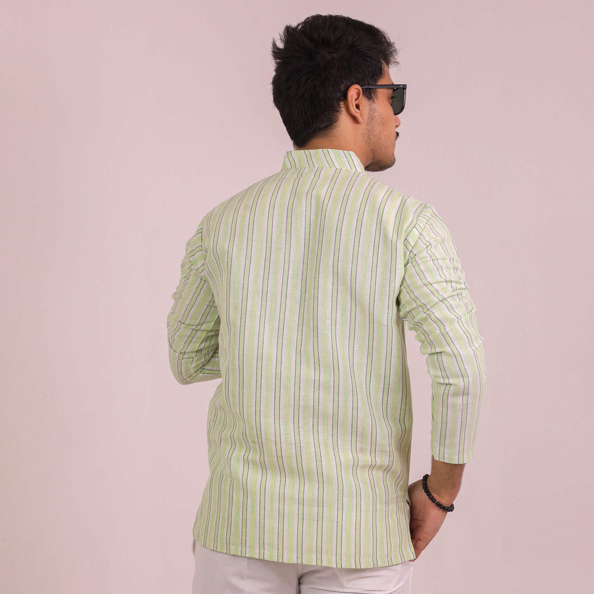 Green White Striped Full Sleeves Short Kurta