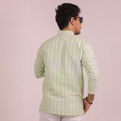 Green-White Striped Full Sleeves Kurta Pant Combo Set