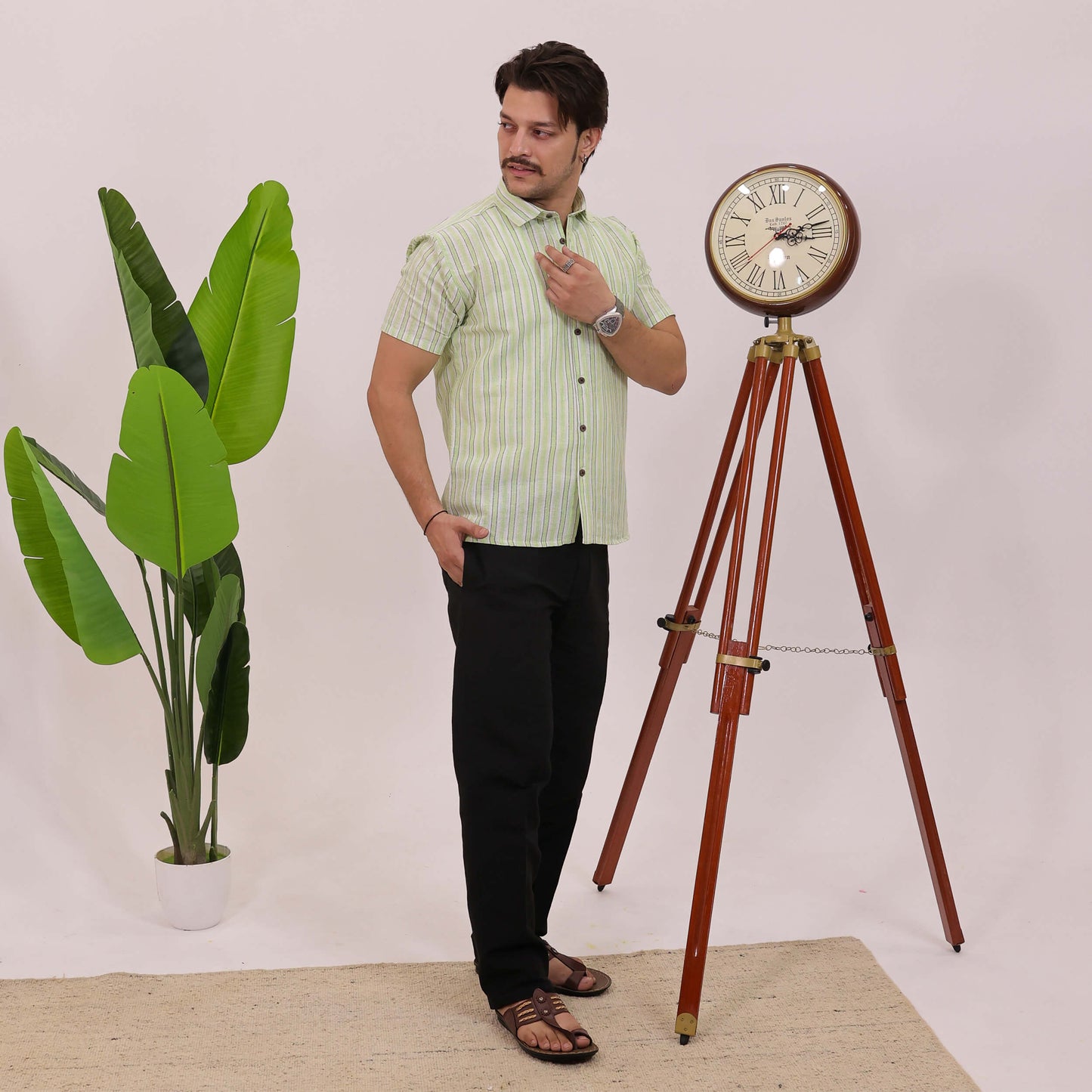 Green-White Stripped Cotton Half Sleeves Shirt with Black Pant Combo Set