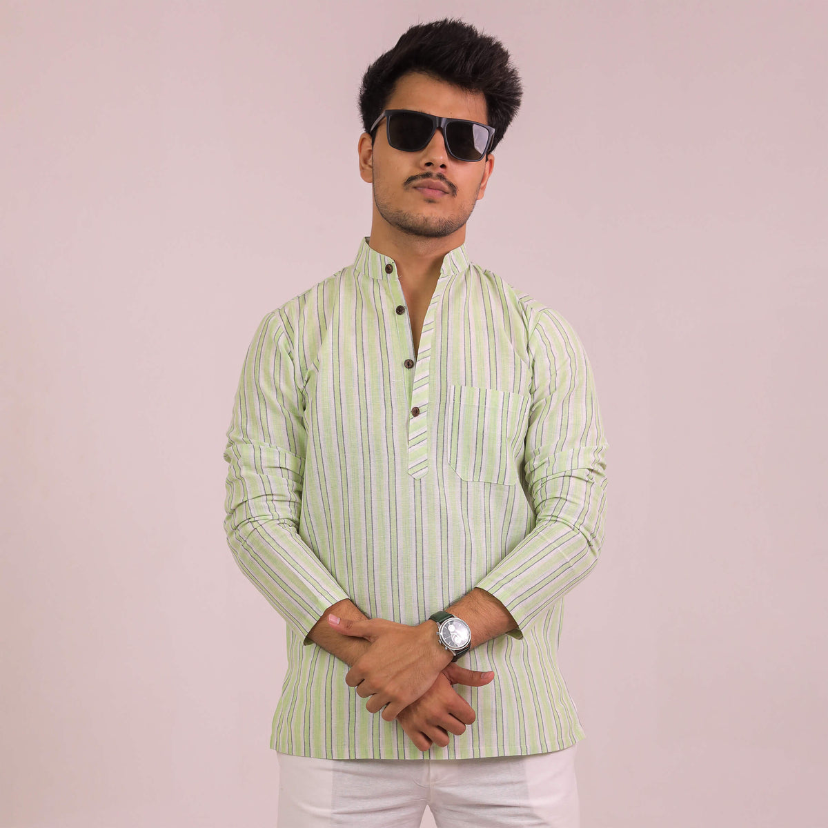 Green-White Striped Full Sleeves Kurta Pant Combo Set