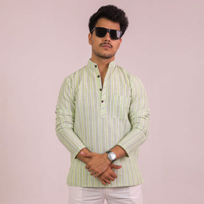 Green White Striped Full Sleeves Short Kurta