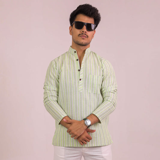Green White Striped Full Sleeves Short Kurta