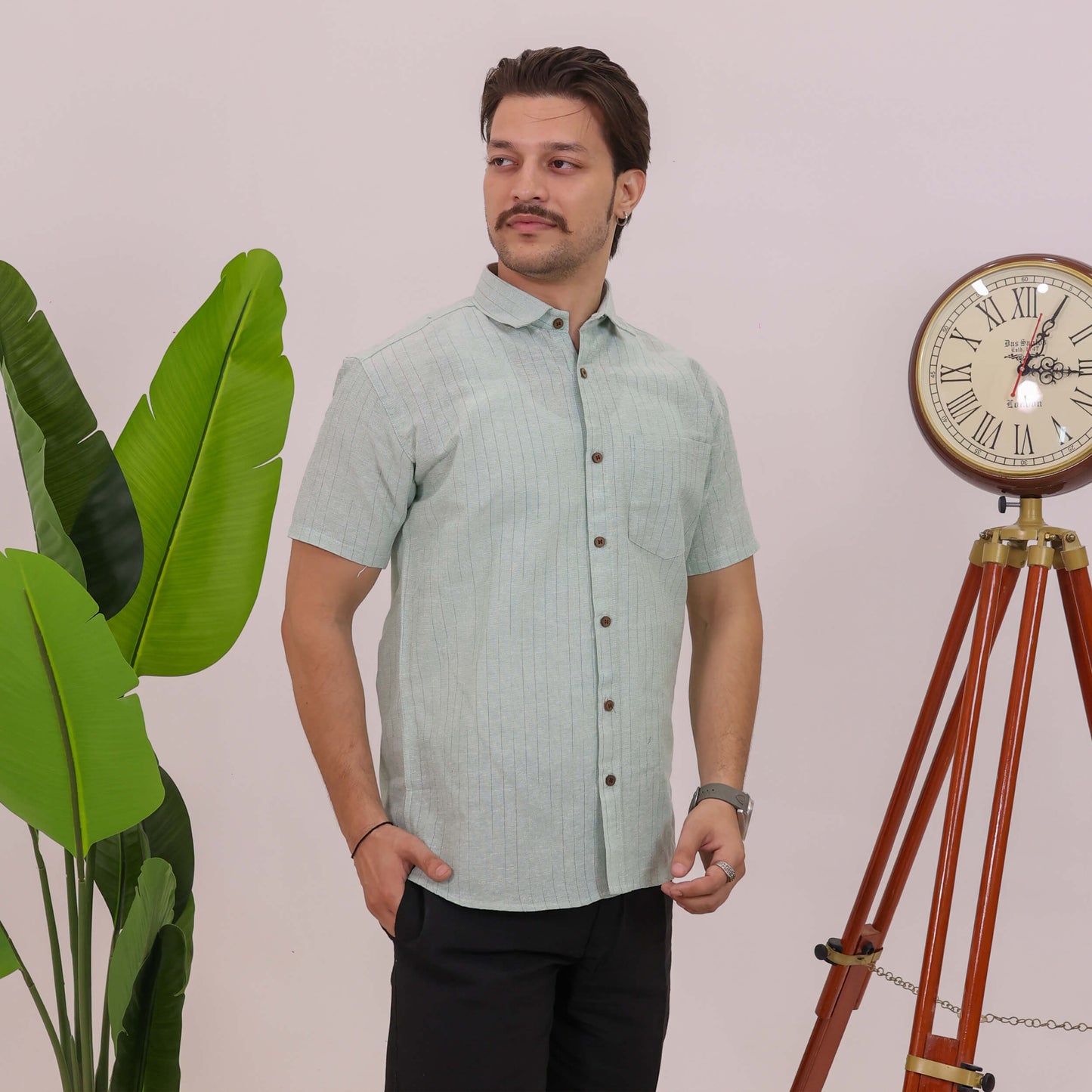 Green Softline Cotton Half Sleeves Shirt with Black Pant Combo Set