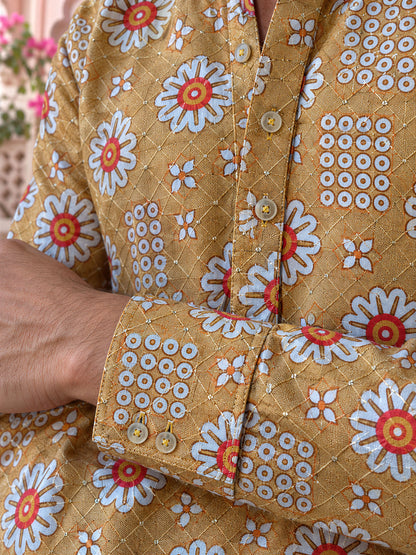 Camel Antique Floral Printed Men's Kurta