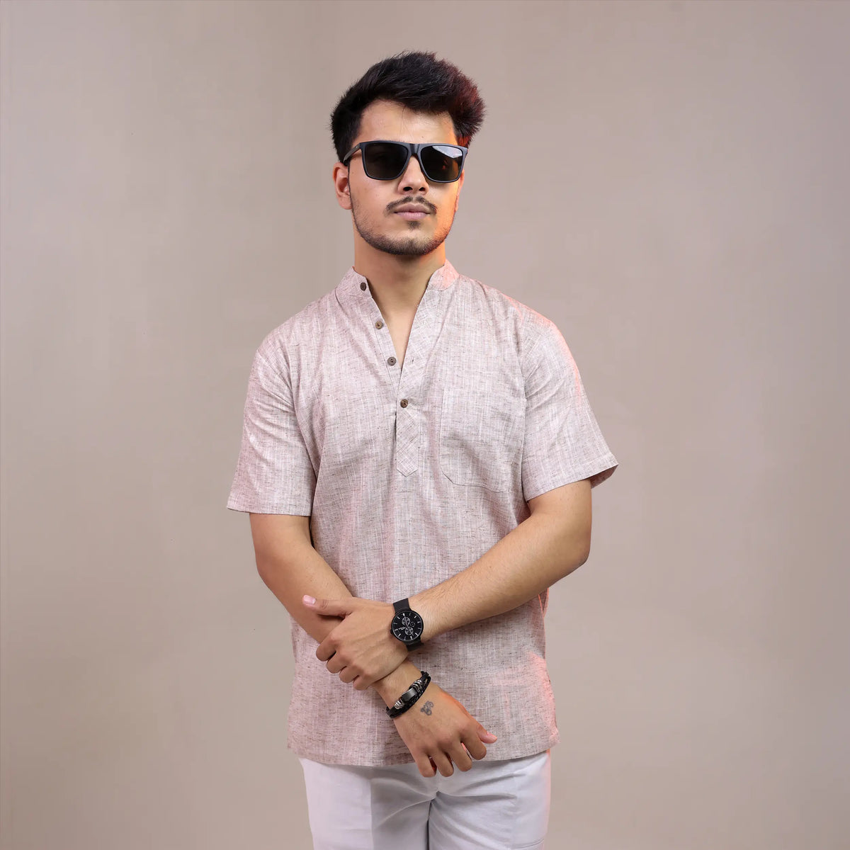 Brown Soft Linen Cotton Blend Half Sleeve Kurta