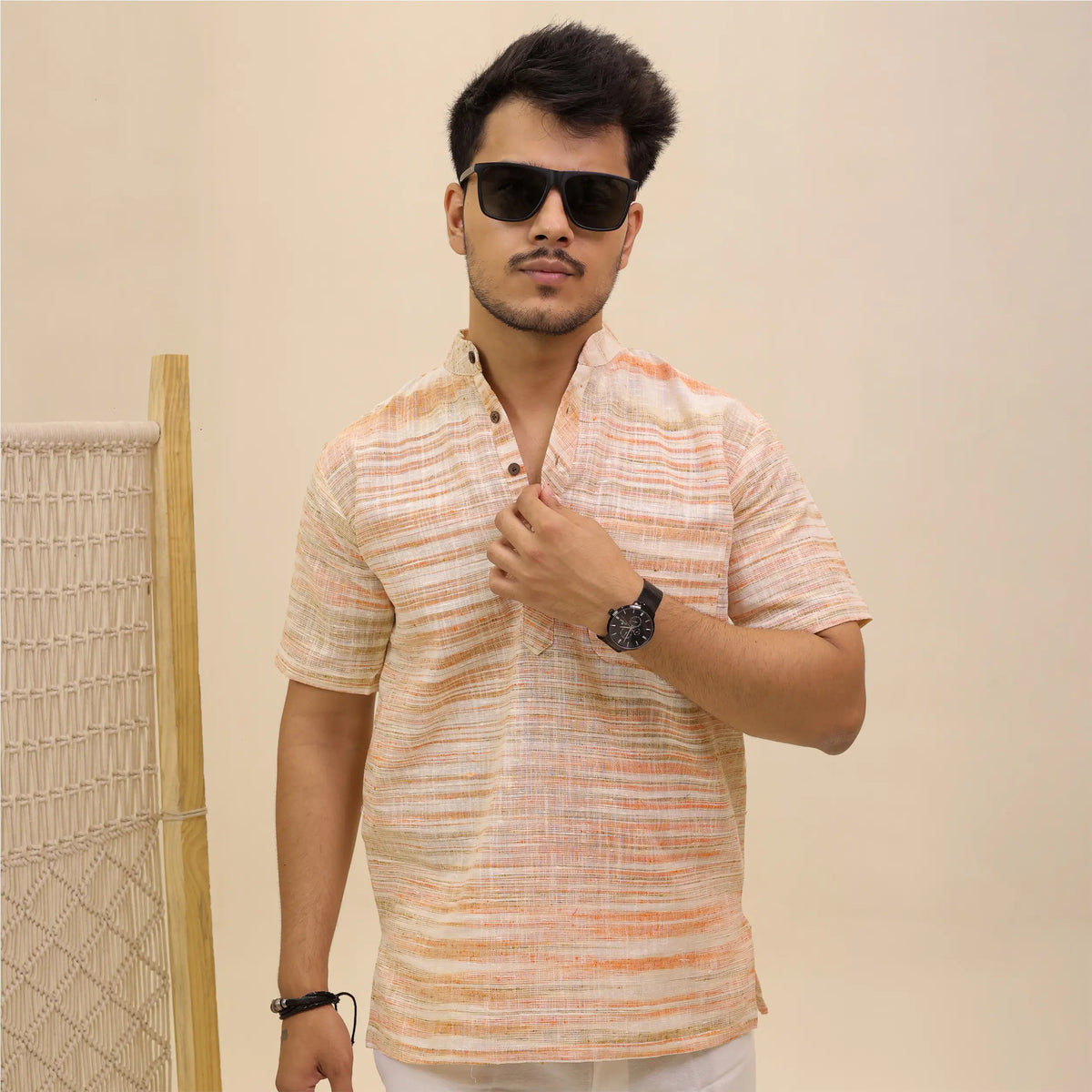 Orange Pure Cotton Zebra Fabric Half Sleeve Short Kurta
