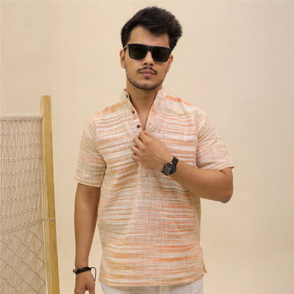 Orange Pure Cotton Zebra Fabric Half Sleeve Short Kurta