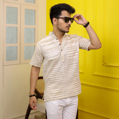 Beige Pure Cotton Zebra Fabric Half Sleeve Short Kurta