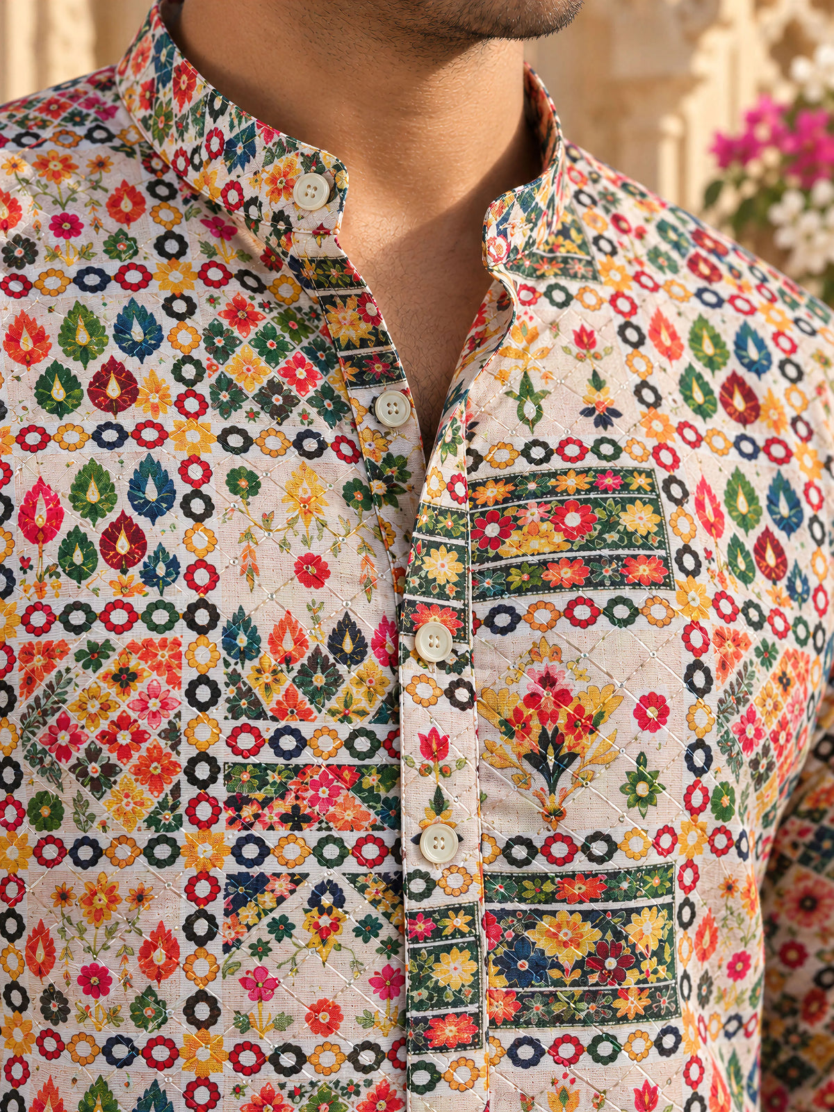 Cream Geometric Printed Men's Kurta