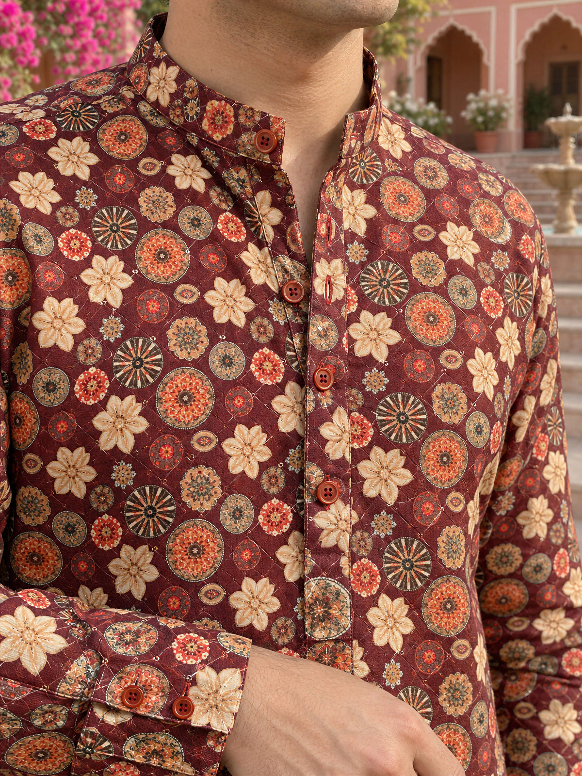 Mahroon Artistic Printed Men's Kurta
