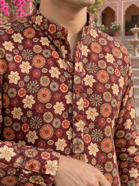 Mahroon Artistic Printed Men's Kurta