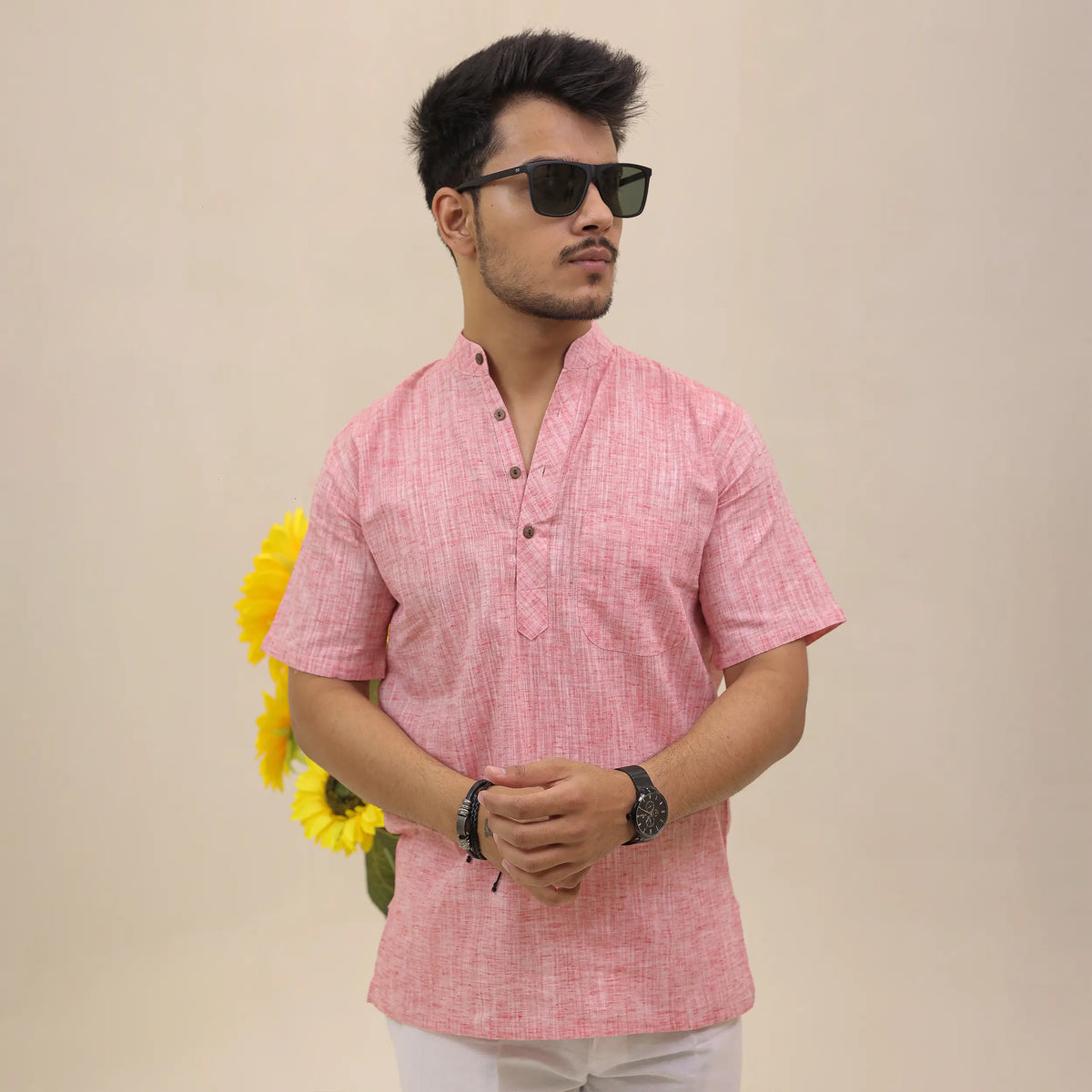 Pink Soft Linen Cotton Blend Half Sleeve Kurta
