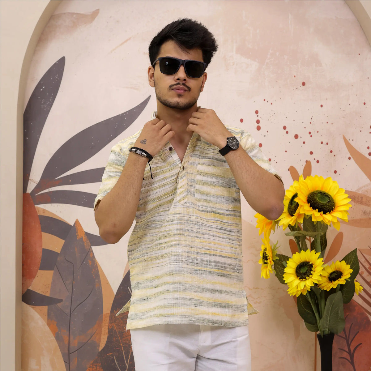 Yellow Grey Pure Cotton Zebra Fabric Half Sleeve Short Kurta