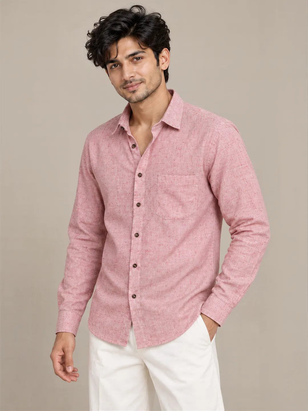 Men's Pink Light Slub Full Sleeve Shirt