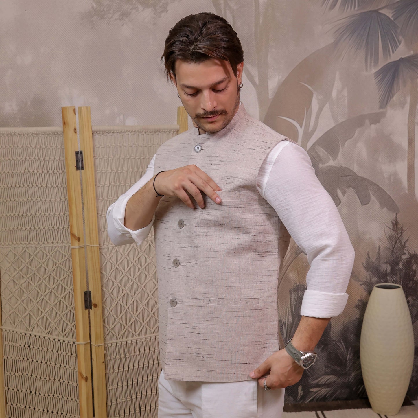 Grey Handloom Cotton Bhagalpur Modi Jacket for Men | Kargham showcasing the chest pocket and handloom weave.