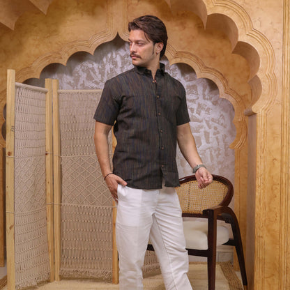 Black Threadline Handloom Cotton Half Sleeves Shirt for Men | Kargham