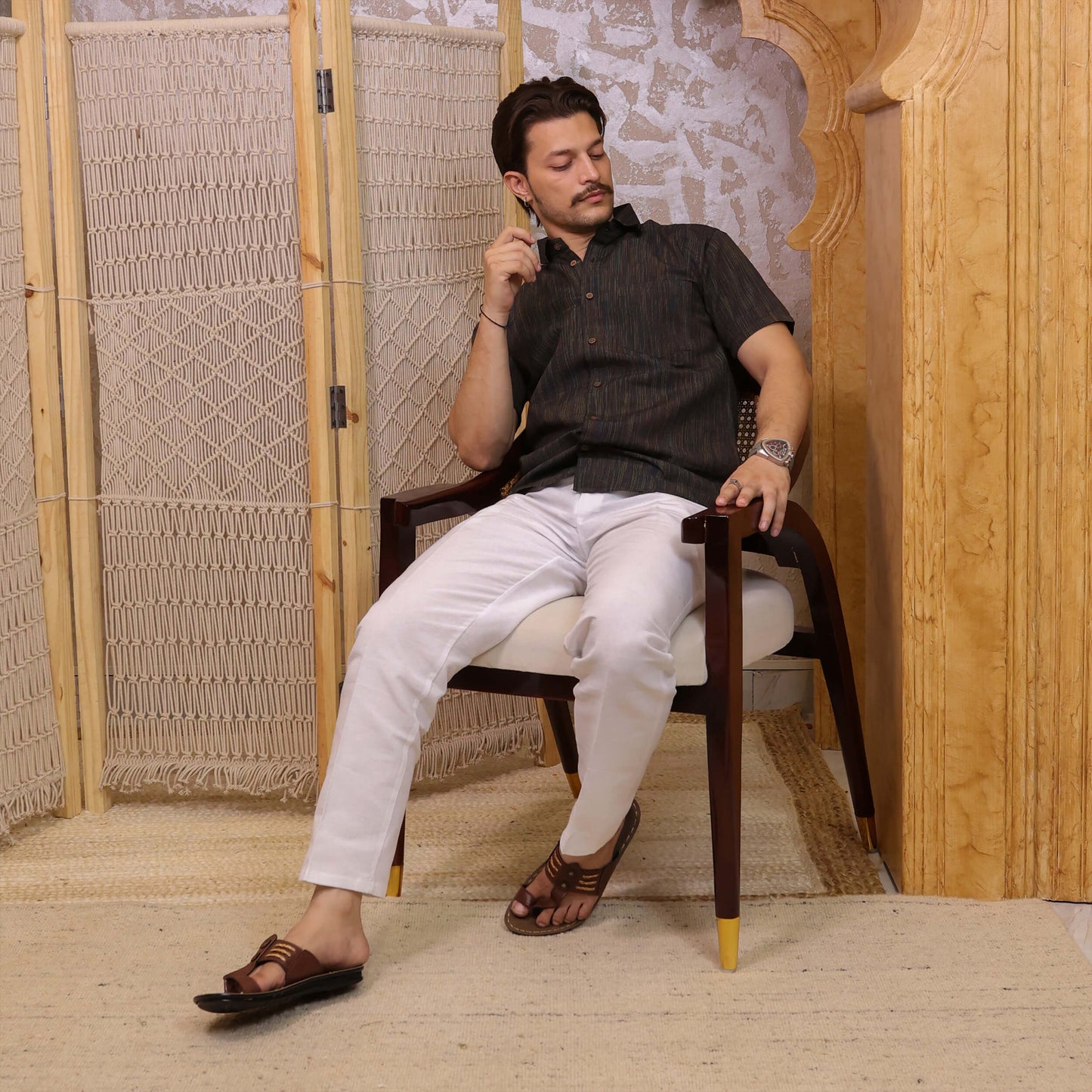 Black Threadline Handloom Cotton Half Sleeves Shirt for Men | Kargham