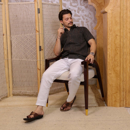 Black Threadline Handloom Cotton Half Sleeves Shirt for Men | Kargham