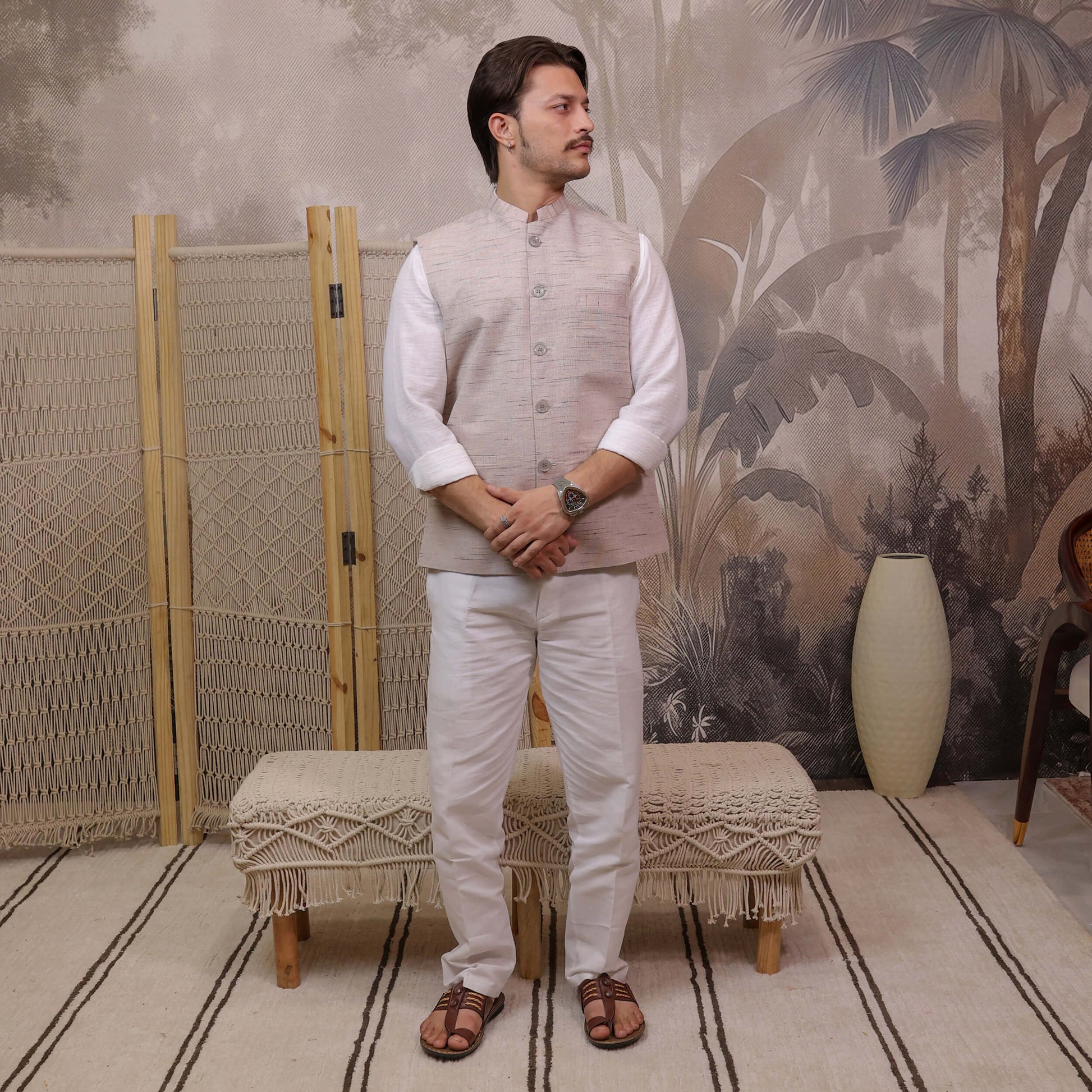 Grey Handloom Cotton Bhagalpur Modi Jacket for Men | Kargham with a classic Mandarin collar and traditional fit.