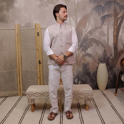 Grey Handloom Cotton Bhagalpur Modi Jacket for Men | Kargham with a classic Mandarin collar and traditional fit.