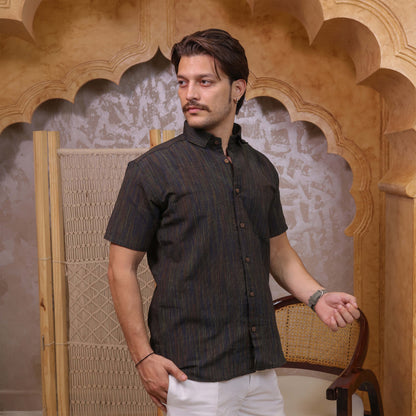Black Threadline Handloom Cotton Half Sleeves Shirt for Men | Kargham