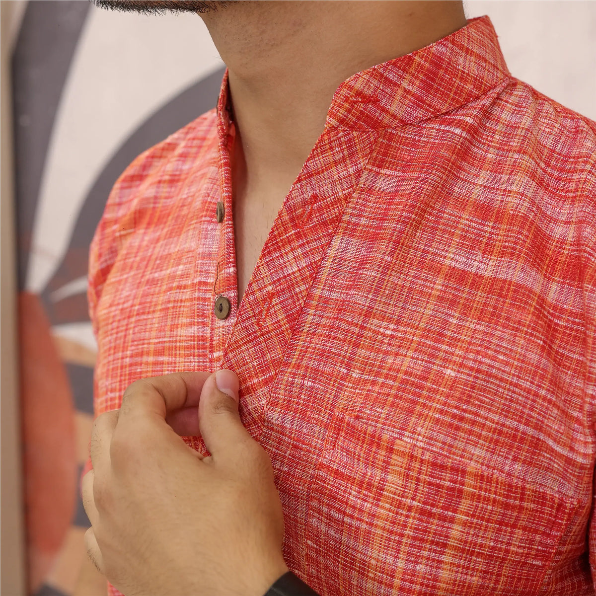 Red Pure South Cotton Half Sleeve Short Kurta