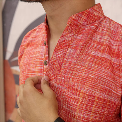 Red Pure South Cotton Half Sleeve Short Kurta