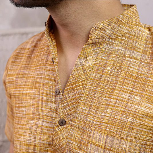 Yellow Pure South Cotton Half Sleeve Short Kurta