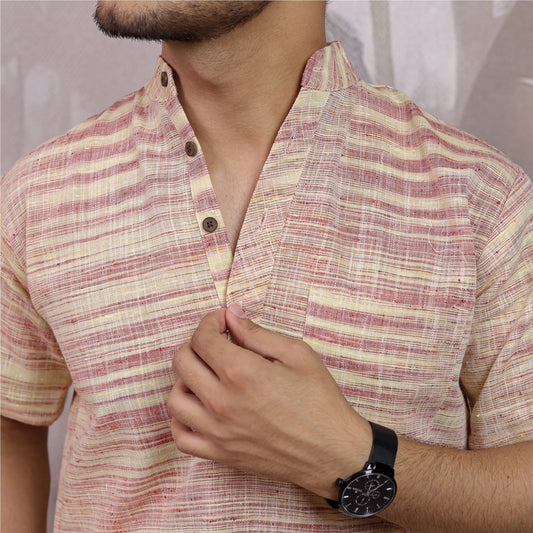 Pink Pure Cotton Zebra Fabric Half Sleeve Short Kurta