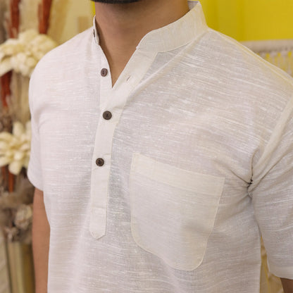 Cream Shudh Linen Handmade Cotton Half Sleeve Co ord Set