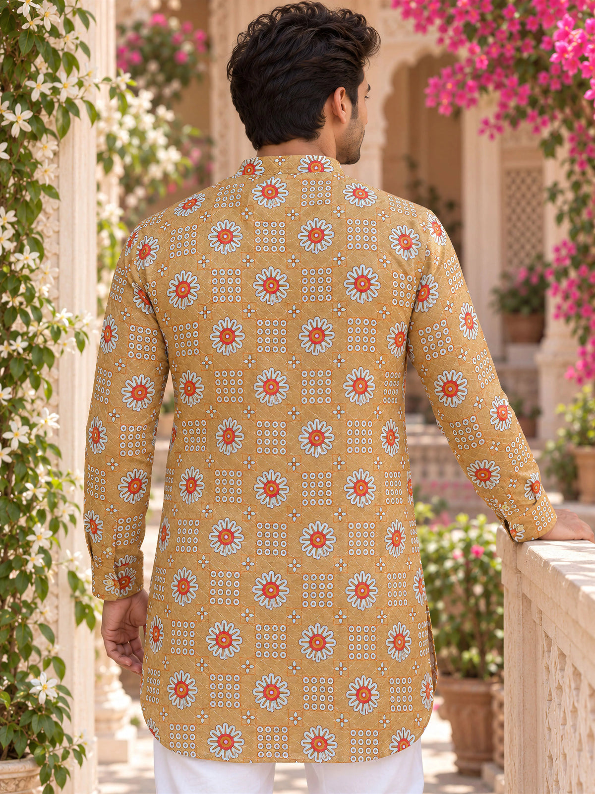 Camel Antique Floral Printed Men's Kurta