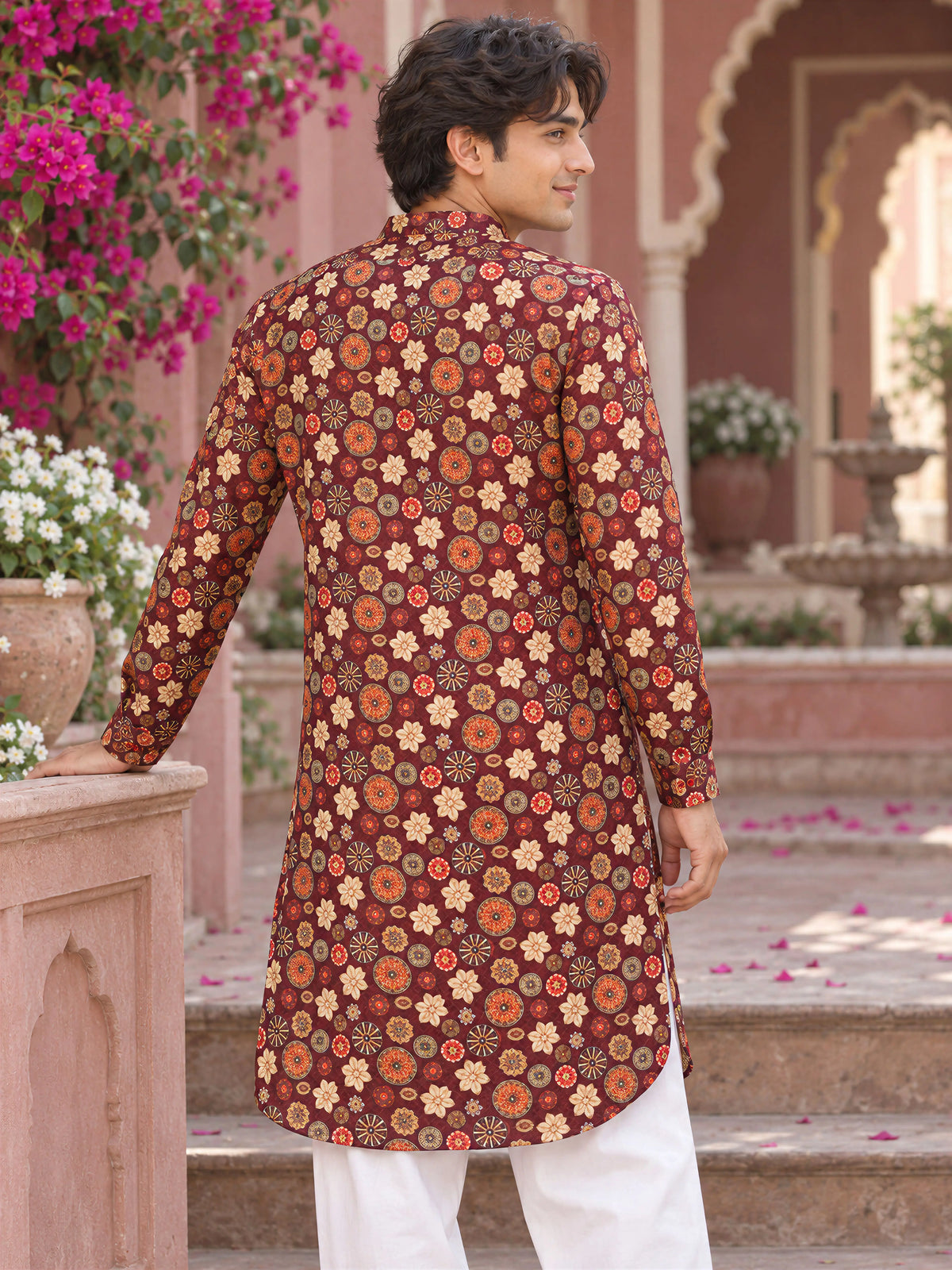 Mahroon Artistic Printed Men's Kurta