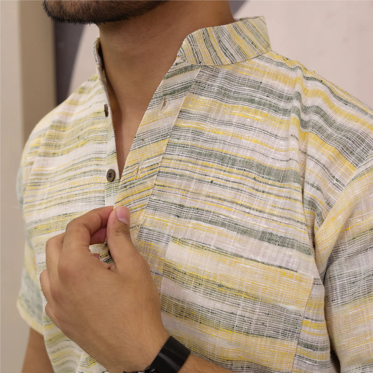 Yellow Grey Pure Cotton Zebra Fabric Half Sleeve Short Kurta
