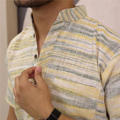 Yellow Grey Pure Cotton Zebra Fabric Half Sleeve Short Kurta