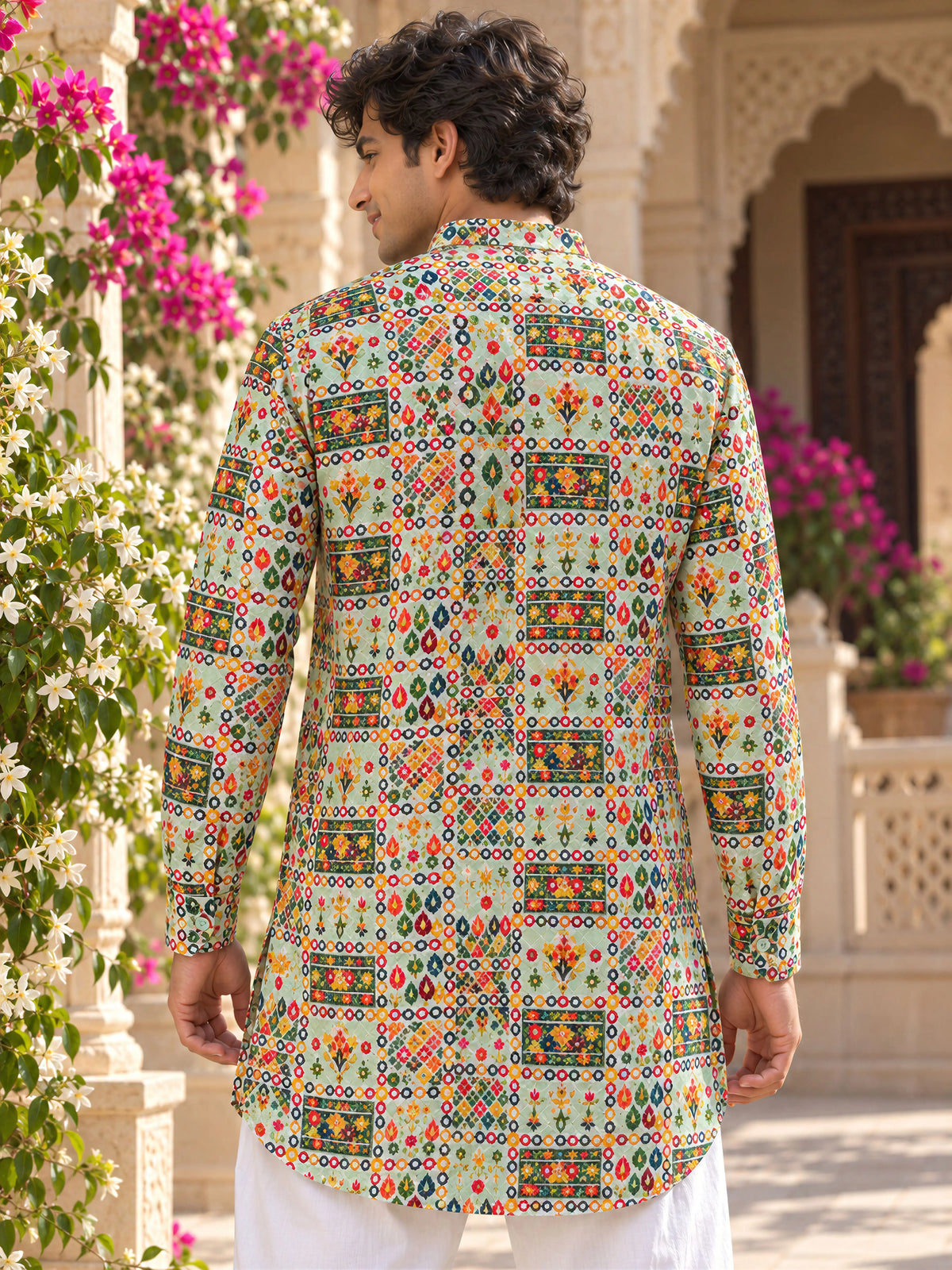 Green Vintage Printed Men's Kurta